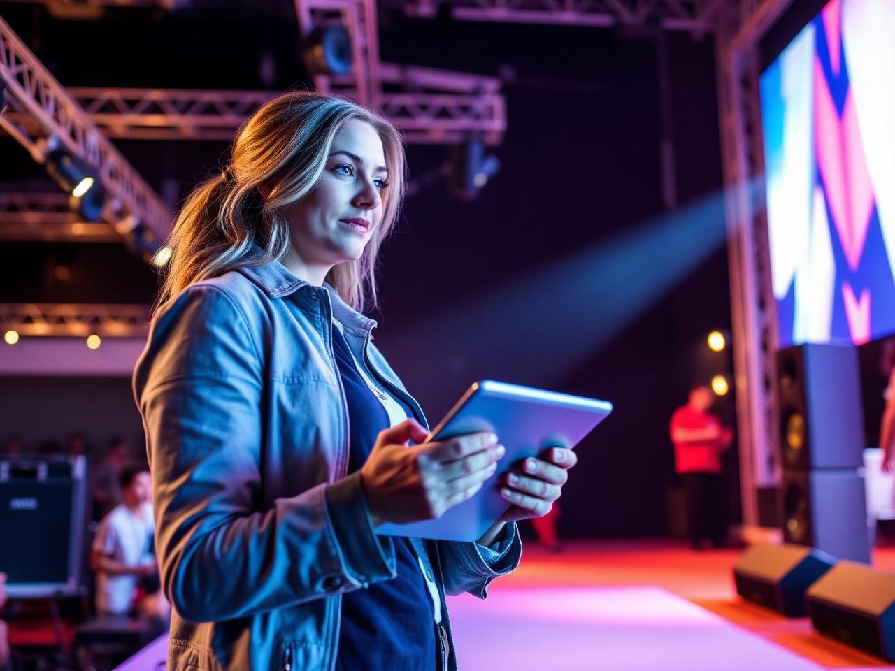 Event coordinator with tablet during stage setup